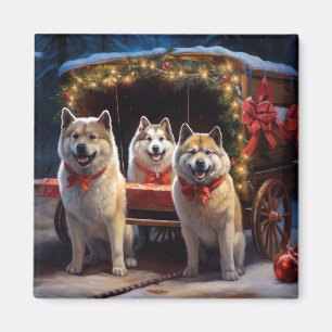 Aimant Akita Snowy Sleigh Ride Décor de Noël