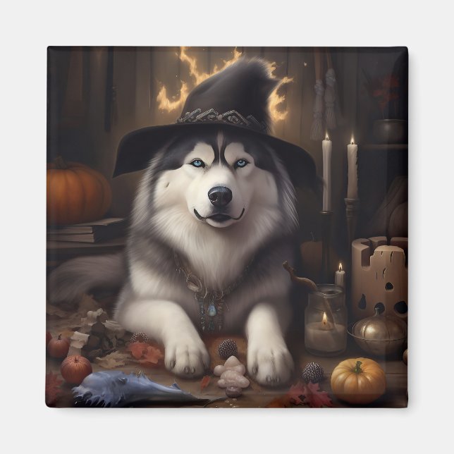 Aimant Alaskan Malamute Citrouilles Halloween effrayant (Devant)