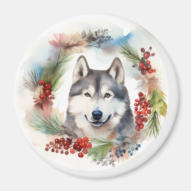 Aimant Alaskan Malamute Festive de la couronne de Noël (Devant)