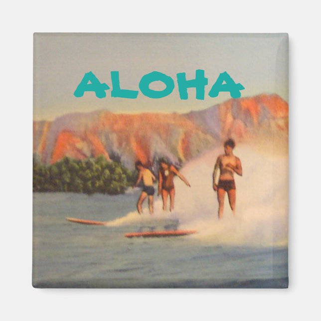 Aimant Aloha avec surfeurs vintages à Hawaii (Devant)