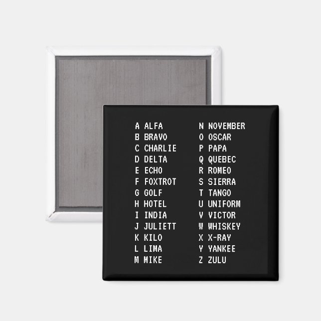 Aimant Alphabet phonétique bicolonnes de code de vol A-Z  (Recto/Verso)