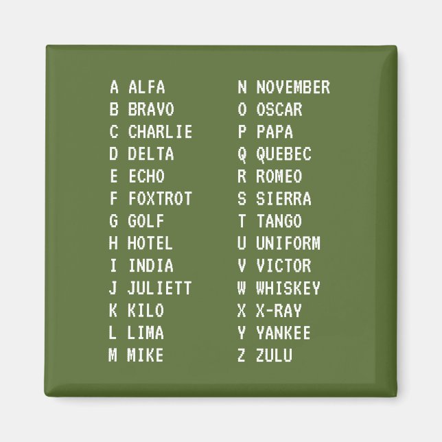Aimant Alphabet phonétique militaire A-Z Tableau de code  (Devant)