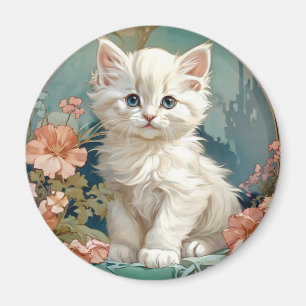 Aimant Alphonse Mucha Style Chat blanc