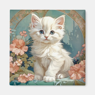 Aimant Alphonse Mucha Style Chat blanc, art chaton persan
