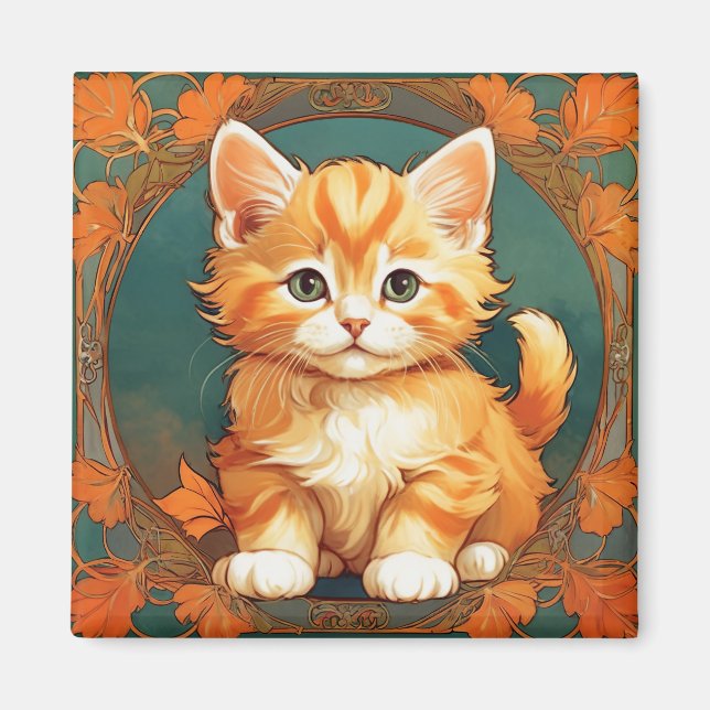 Aimant Alphonse Mucha Style Chat orange (Devant)
