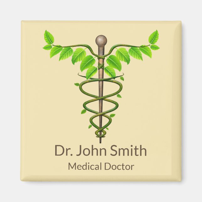 Aimant Alternative Médicale Caduceus Vert Feuilles Beige (Devant)