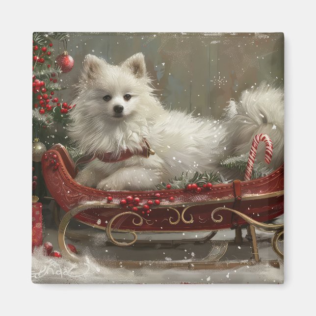 Aimant American Eskimo Chien Festif de Noël (Devant)