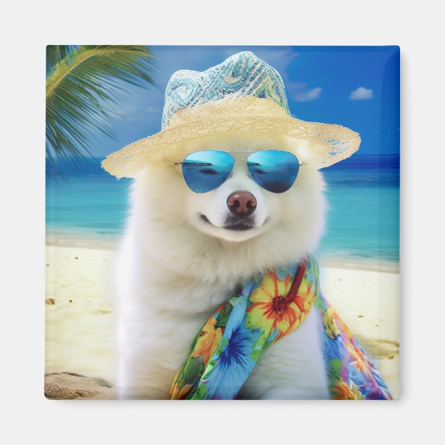 Aimant American Eskimo on Beach, cadeau d'été pour amoure (Devant)