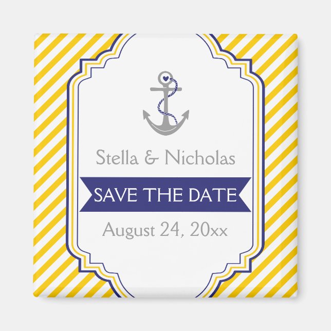 Aimant Ancre jaune blanc mariage nautique Save the Date (Devant)