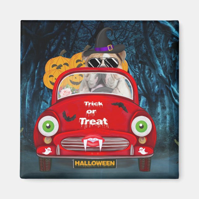 Aimant Anglais Bulldog Driving Car Effrayant Halloween (Devant)