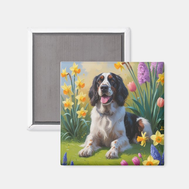 Aimant Anglais Setter Chien Fleurs de printemps Peinture (Recto/Verso)