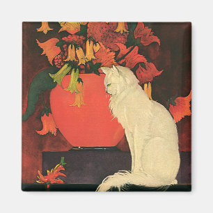 Aimant Animaux vintage, élégant chat blanc, fleurs d'auto