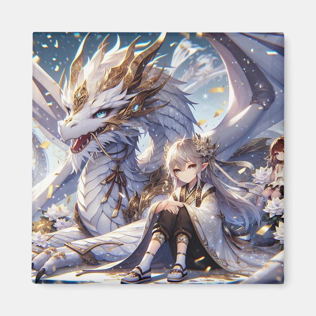 Aimant Anime Girl et Dragon blanc et or (Devant)