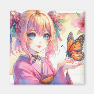 Aimant Anime Girl Holding a Butterfly Ai Art