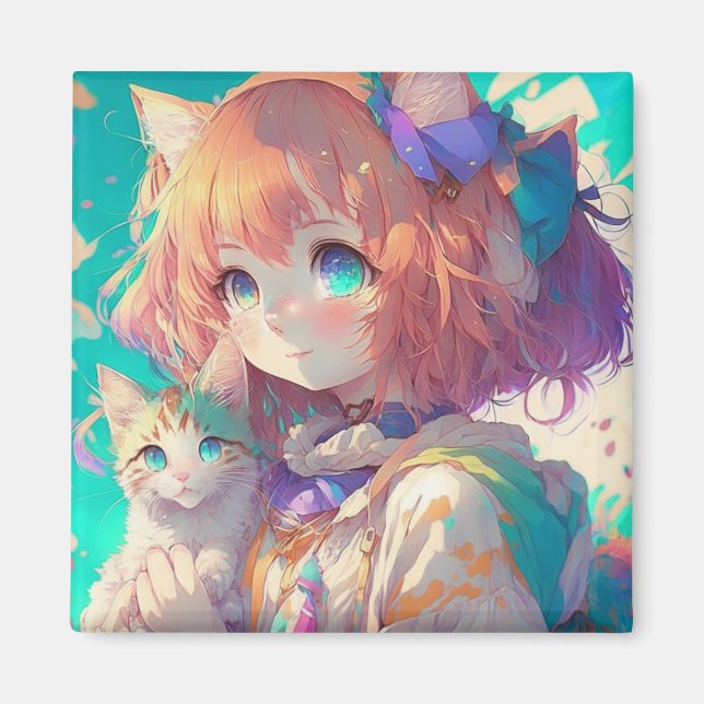 Aimant Anime Girl Holding an Adorable Kitten (Devant)