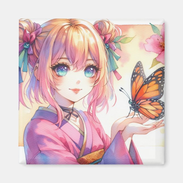 Aimant Anime Girl tenant un papillon (Devant)