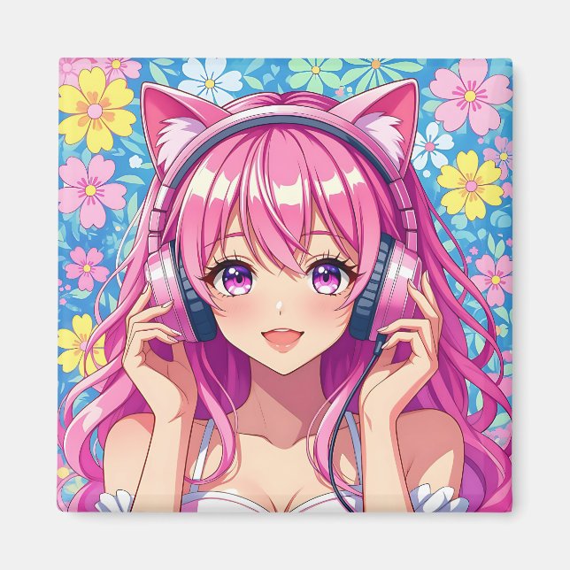 Aimant Anime rose mignonne fille avec casque (Devant)