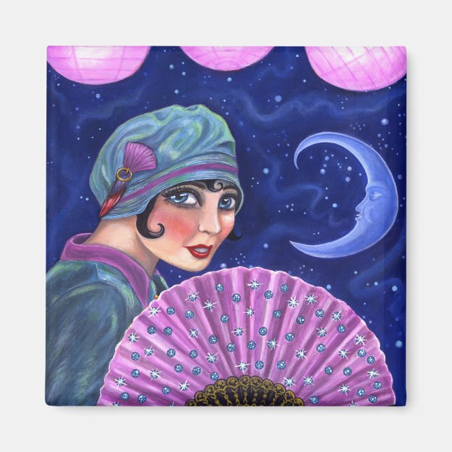 Aimant Années folles Flapper Girl Fan Lune Stars (Devant)