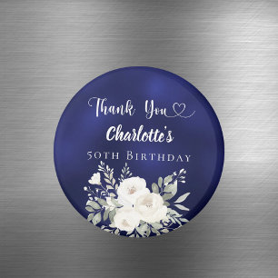 Aimant Anniversaire bleu marine fleurs blanches Merci