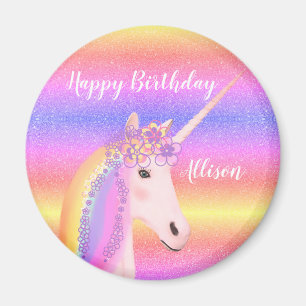 Aimant Anniversaire Unicorn Pastel Rainbow Nom de la Part