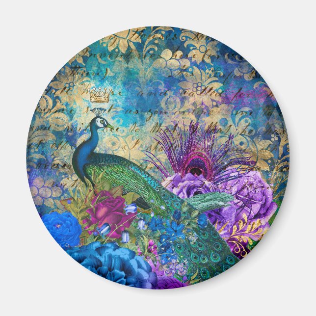 Aimant Antique Peacock Illustré & Fleurs Grunge  (Devant)