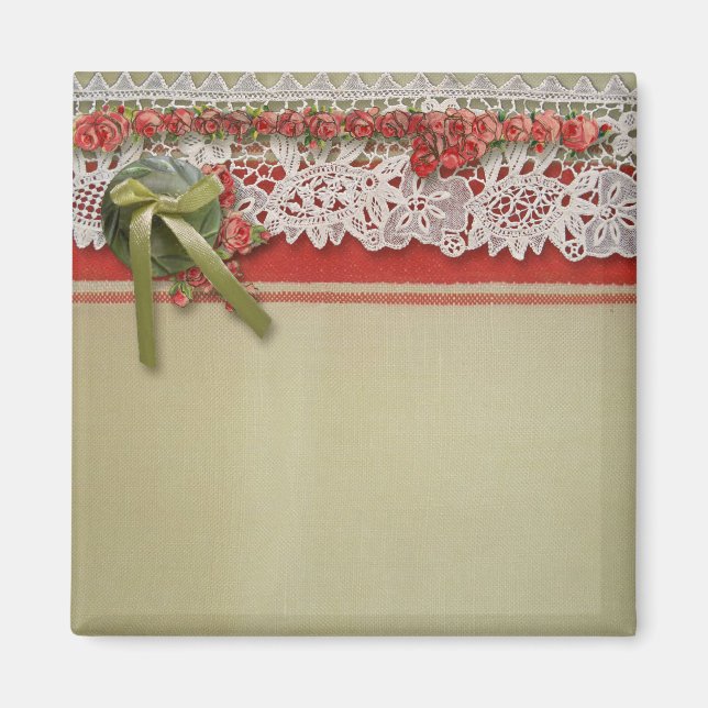 Aimant Antique Rose dentelle Rustique Rouge Victorien Bur (Devant)
