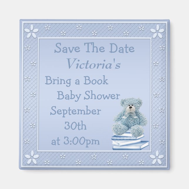 Aimant Apportez un livre Baby shower bleu Teddy Enregistr (Devant)