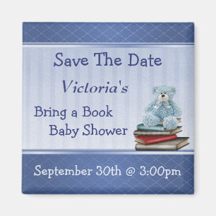 Aimant Apportez un livre Baby shower bleu Teddy Enregistr