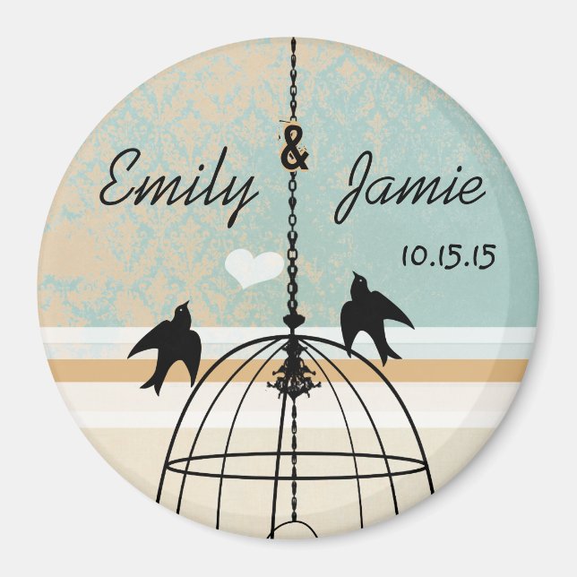 Aimant Aqua Damask & Coral Bird Cage Mariage (Devant)