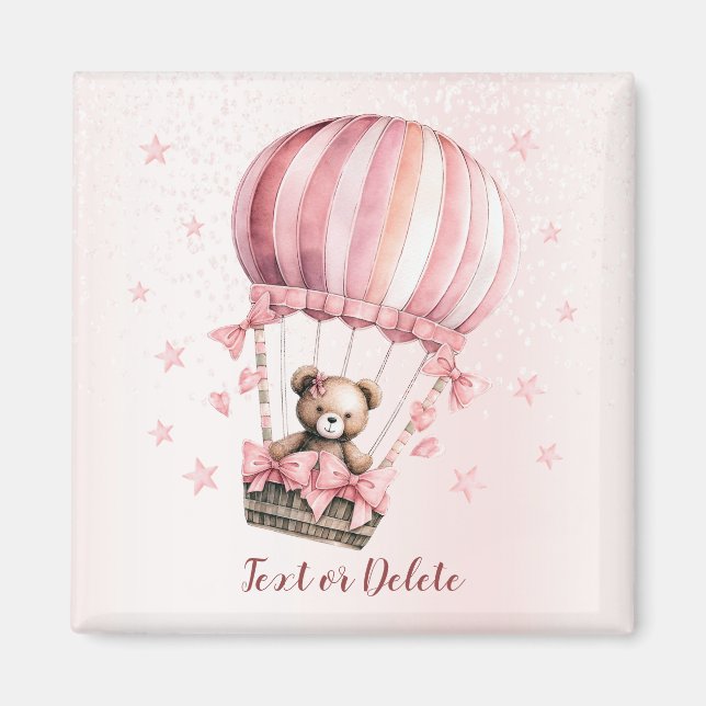 Aimant Aquarelle Cute Rose Teddy Bear Hot Air Balloon (Devant)