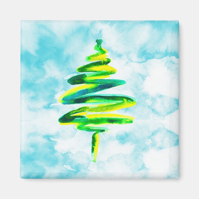 Aimant Aquarelle de l'arbre de Noël bleu (Devant)