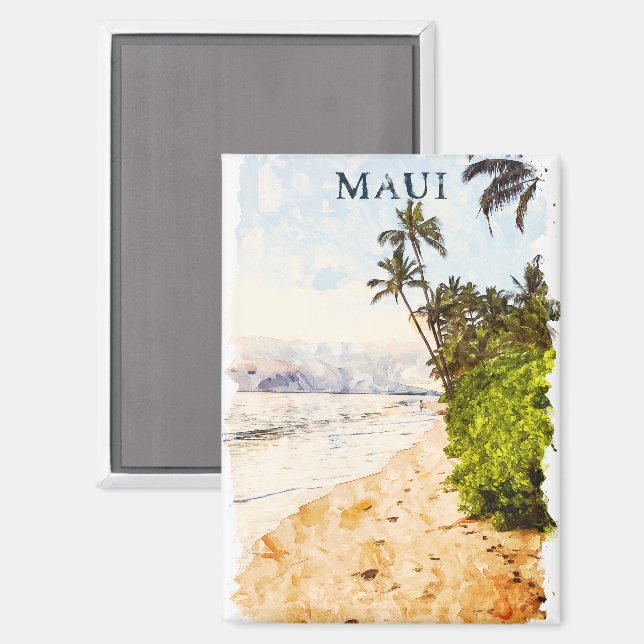 Aimant Aquarelle de Maui Hawaii Voyage d'illustration (Recto/Verso)