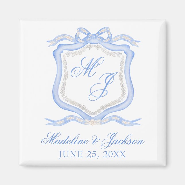 Aimant Aquarelle Designer Blue Monogram Crest Mariage (Devant)