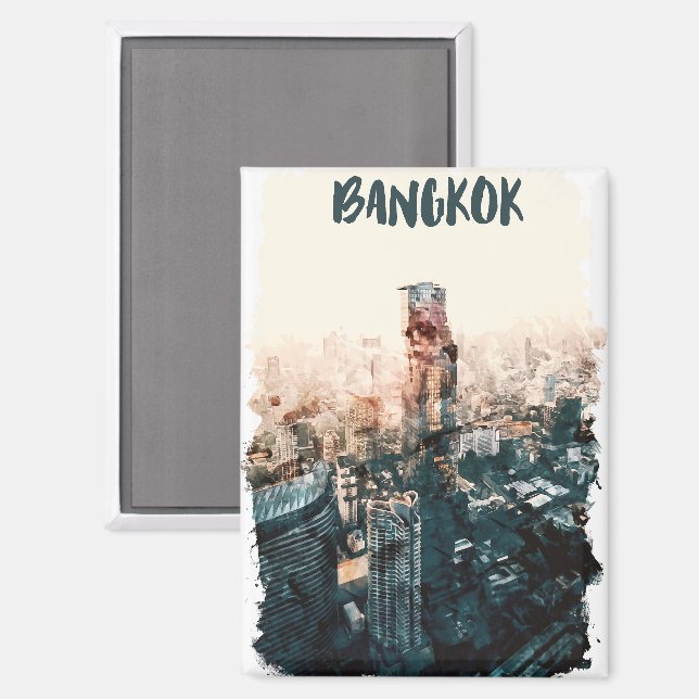 Aimant Aquarelle du paysage urbain de Bangkok Thaïlande (Recto/Verso)