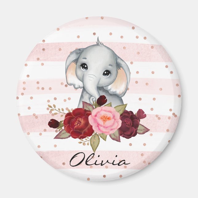Aimant Aquarelle Eléphant mignon rose bébé fille (Devant)