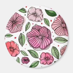 Aimant Aquarelle et fleurs d'encre - rose et vert