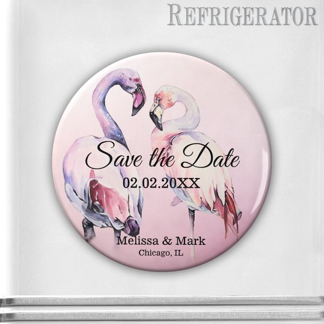Aimant Aquarelle Flamants roses roses Enregistrer l'aiman (Save the Date magnet featuring a watercolor painting of two flamingos on a pink background.)