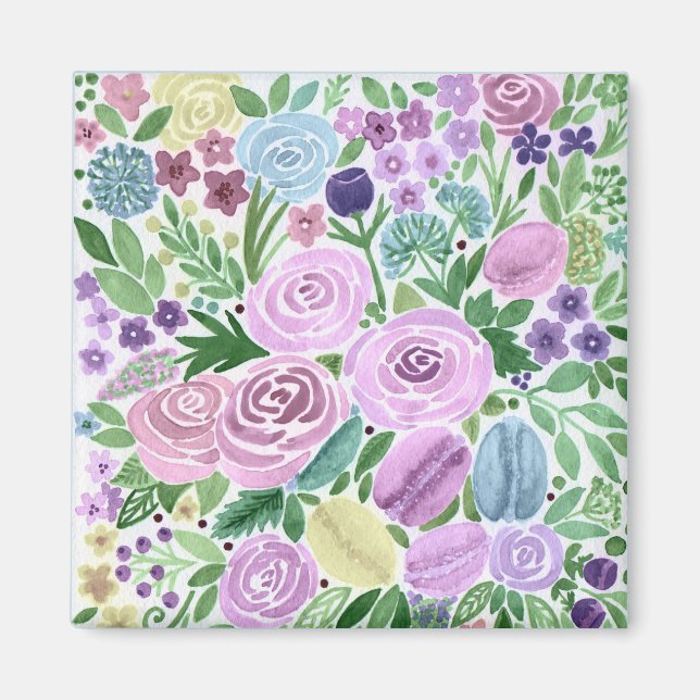 Aimant Aquarelle, fleurs et macarons (Devant)