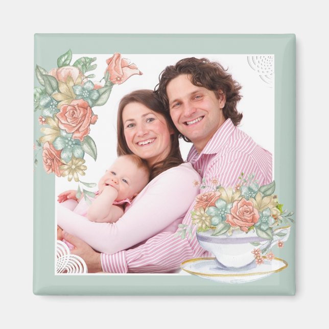 Aimant Aquarelle Floral Teacup Photo personnalisée (Devant)