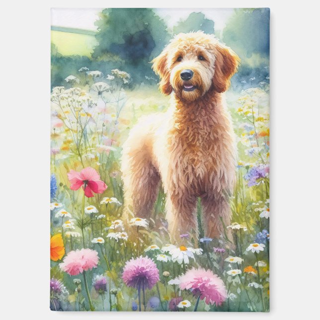 Aimant Aquarelle Goldendoodle Chien Champ Fleur sauvage (Recto)