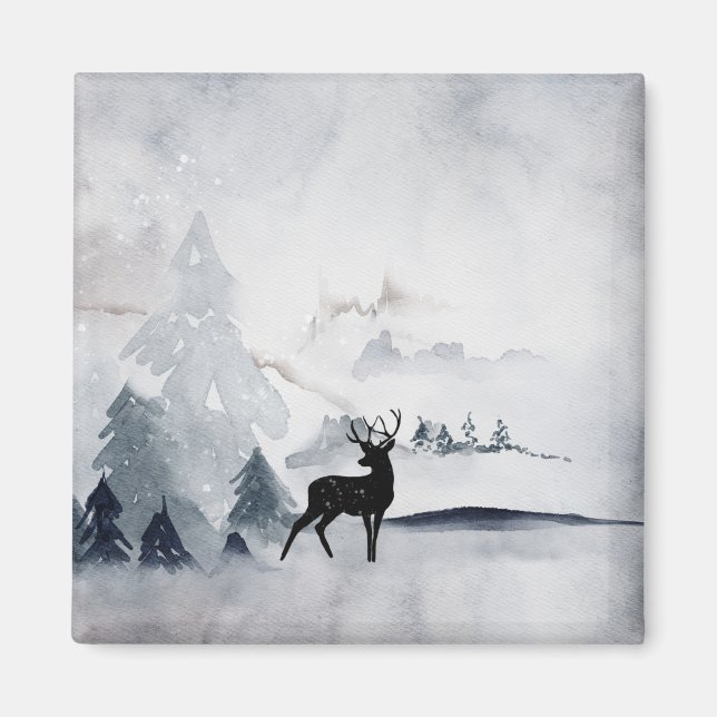 Aimant Aquarelle gris rustique de rennes d'hiver (Devant)