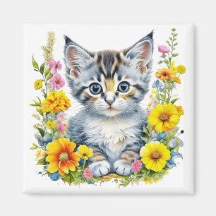 Aimant Aquarelle Kitten Fleurs