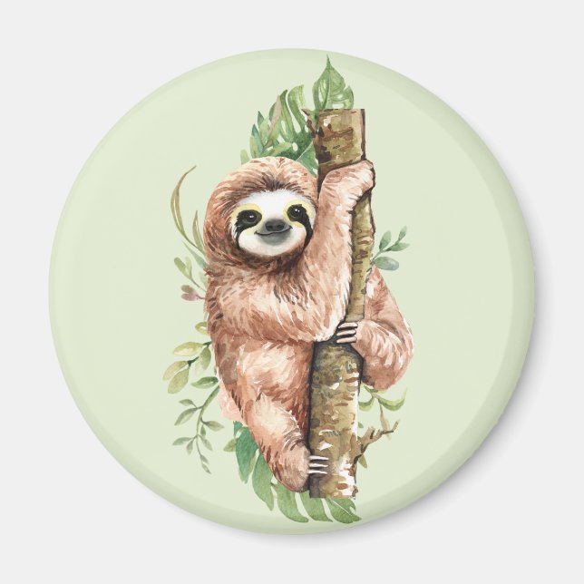 Aimant Aquarelle mignonne Sloth & Feuilles tropicaux (Devant)