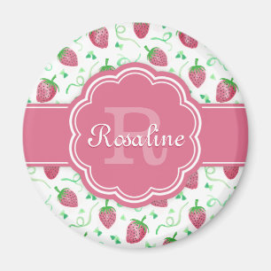 Aimant Aquarelle Motif fraise avec Monogramme