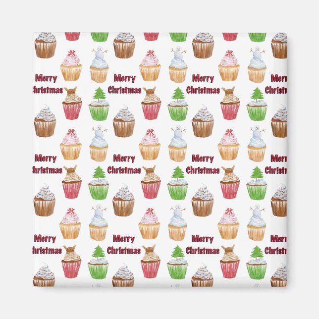 Aimant Aquarelle Noël Cupcakes Joyeux Noël (Devant)