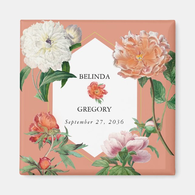 Aimant Aquarelle Peach Pink Peonies Mariage (Devant)