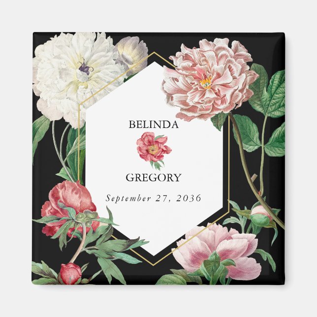 Aimant Aquarelle Peonies rose Fleurs Mariage Noir (Devant)