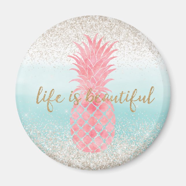 Aimant Aquarelle rose Fille Ananas tropical (Devant)