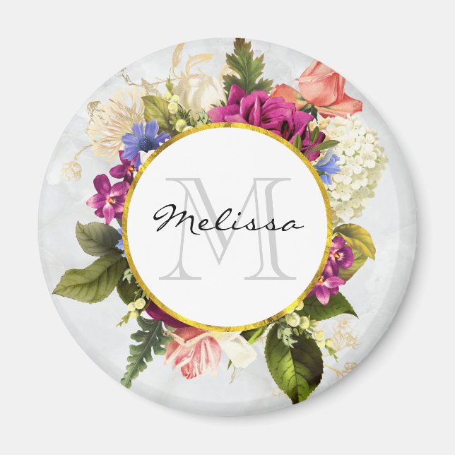 Aimant Aquarelle rose moderne Bouquet floral Monogramme (Devant)