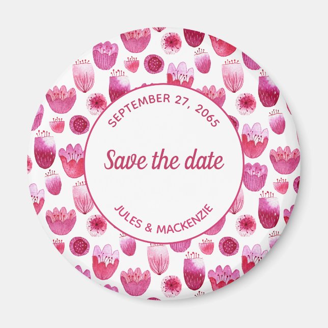 Aimant Aquarelle rose motif floral Enregistrer la date (Devant)